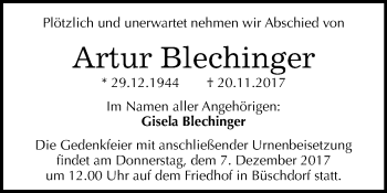 Traueranzeige von Artur Blechinger von Mitteldeutsche Zeitung Halle/Saalkreis