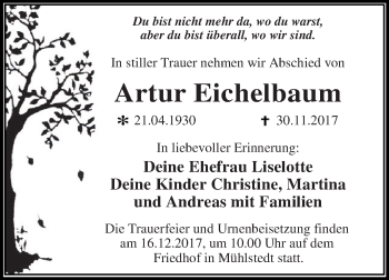 Traueranzeige von Artur Eichelbaum von WVG - Wochenspiegel Dessau / Köthen