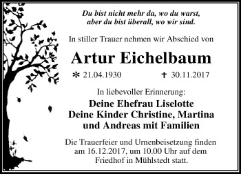 Traueranzeige von Artur Eichelbaum von Mitteldeutsche Zeitung Dessau-Roßlau