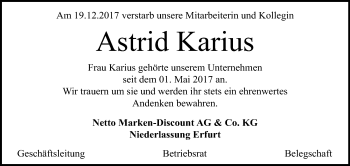 Traueranzeige von Astrid Karius von Mitteldeutsche Zeitung