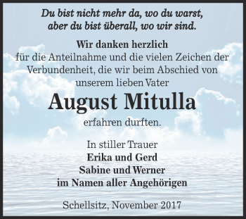Traueranzeige von August Mitulla von WVG - Wochenspiegel NMB / WSF / ZTZ