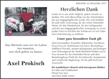 Traueranzeige von Axel Prokisch von WVG - Wochenspiegel Bitterfeld