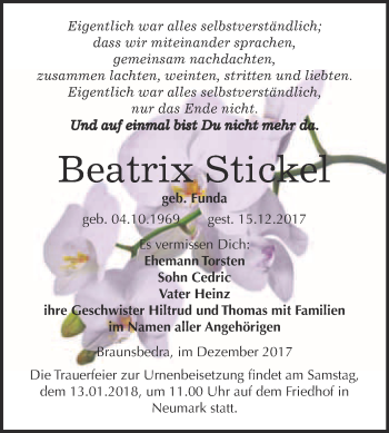 Traueranzeige von Beatrix Stickel von WVG - Wochenspiegel Merseburg