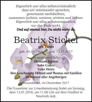 Traueranzeige von Beatrix Stickel von Mitteldeutsche Zeitung Merseburg/Querfurt