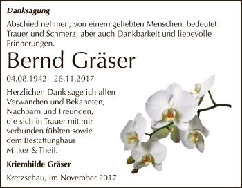 Traueranzeige von Bernd Gräser von Super Sonntag Zeitz