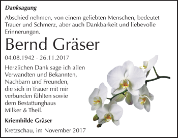 Traueranzeige von Bernd Gräser von Mitteldeutsche Zeitung Zeitz