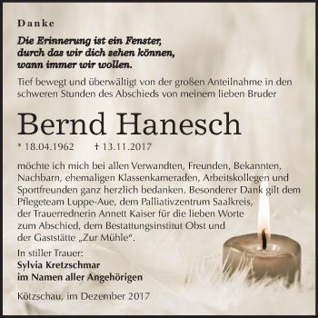 Traueranzeige von Bernd Hanesch von Mitteldeutsche Zeitung Merseburg/Querfurt