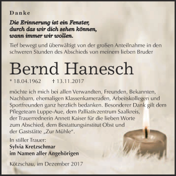 Traueranzeige von Bernd Hanesch von Super Sonntag Merseburg