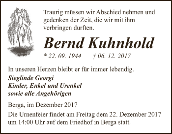 Traueranzeige von Bernd Kuhnhold von Super Sonntag SGH Mansf. Land