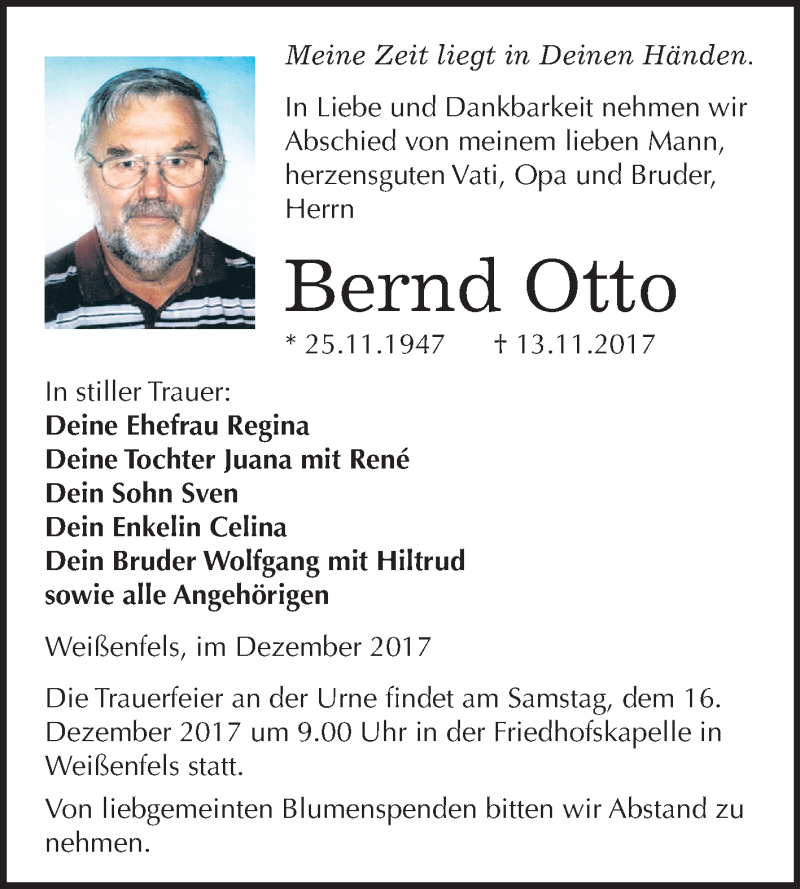 Traueranzeigen von Bernd Otto www.abschiednehmen.de
