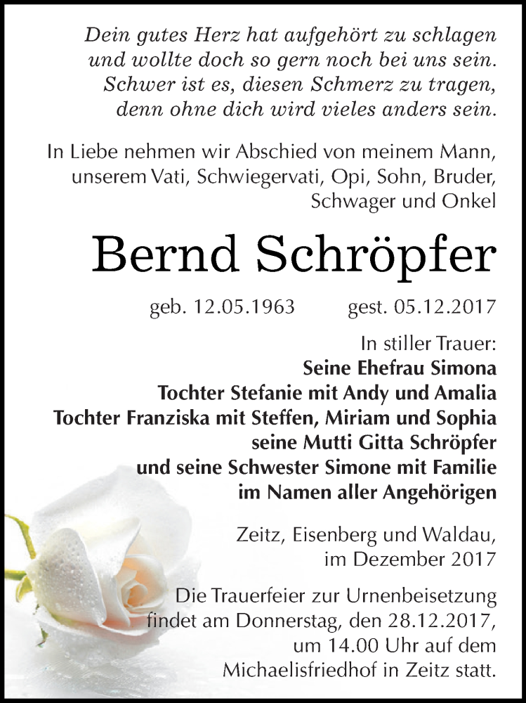  Traueranzeige für Bernd Schröpfer vom 09.12.2017 aus Super Sonntag Zeitz