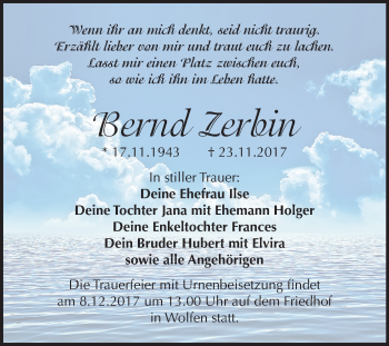 Traueranzeige von Bernd Zerbin von Mitteldeutsche Zeitung Bitterfeld