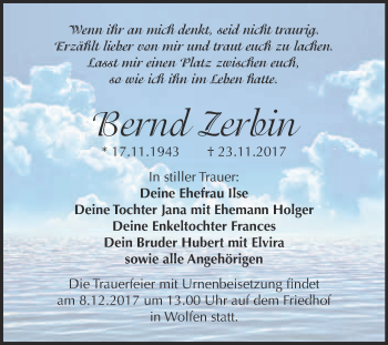Traueranzeige von Bernd Zerbin von WVG - Wochenspiegel Bitterfeld