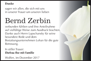 Traueranzeige von Bernd Zerbin von Mitteldeutsche Zeitung Bitterfeld