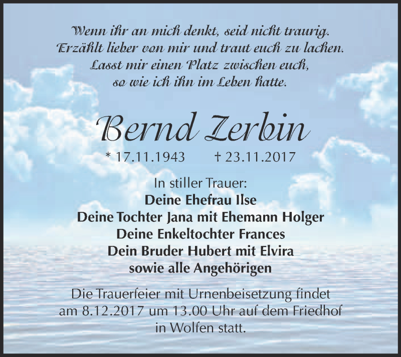  Traueranzeige für Bernd Zerbin vom 29.11.2017 aus WVG - Wochenspiegel Bitterfeld