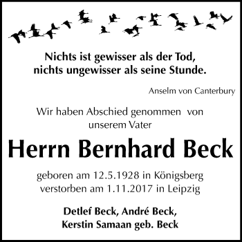 Traueranzeige von Bernhard Beck von Mitteldeutsche Zeitung
