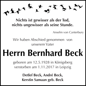 Traueranzeige von Bernhard Beck von Super Sonntag Zeitz