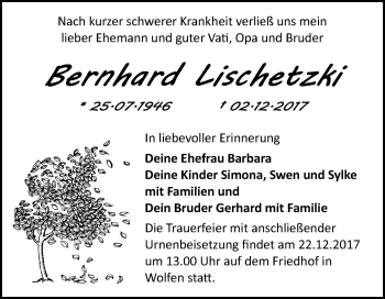 Traueranzeige von Bernhard Lischetzki von Mitteldeutsche Zeitung Bitterfeld