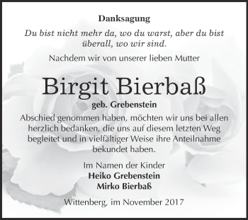 Traueranzeige von Birgit Bierbaß von WVG - Wochenspiegel Wittenberg