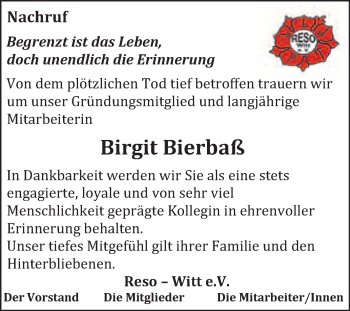 Traueranzeige von Birgit Bierbaß von Super Sonntag Wittenberg