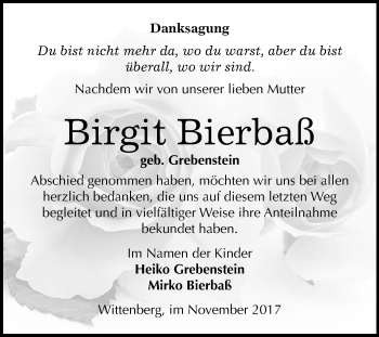 Traueranzeige von Birgit Bierbaß von Mitteldeutsche Zeitung