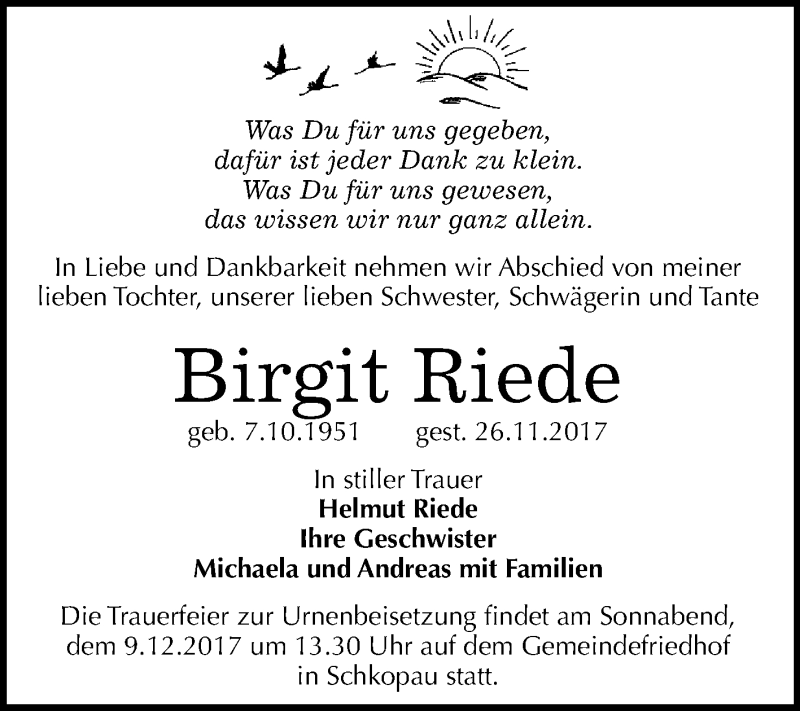  Traueranzeige für Birgit Riede vom 06.12.2017 aus WVG - Wochenspiegel Merseburg