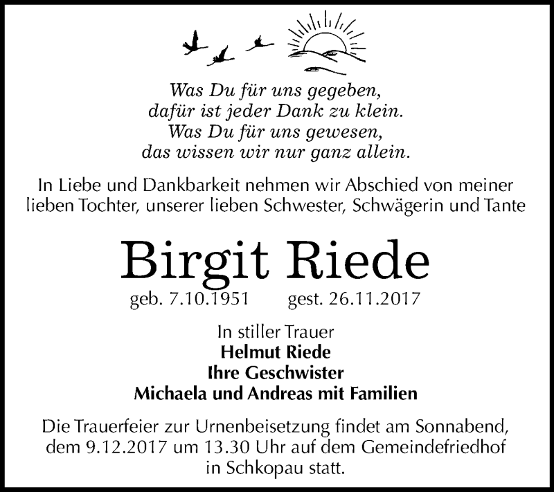  Traueranzeige für Birgit Riede vom 06.12.2017 aus Mitteldeutsche Zeitung Merseburg/Querfurt