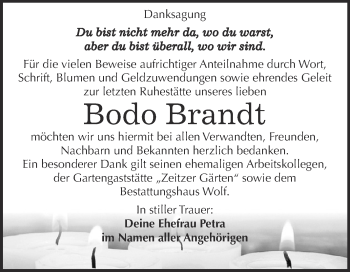 Traueranzeige von Bodo Brandt von WVG - Wochenspiegel NMB / WSF / ZTZ