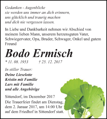 Traueranzeige von Bodo Ermisch von Mitteldeutsche Zeitung Sangerhausen