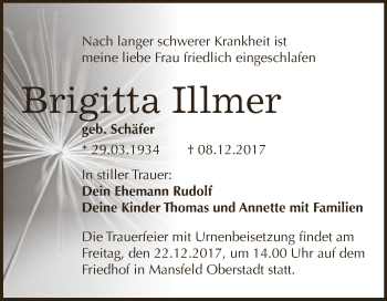 Traueranzeige von Brigitta Illmer von Wochenspiegel Mansfelder Land