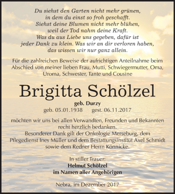 Traueranzeige von Brigitta Schölzel von Mitteldeutsche Zeitung