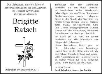 Traueranzeige von Brigitte Ratsch von WVG - Wochenspiegel Dessau / Köthen