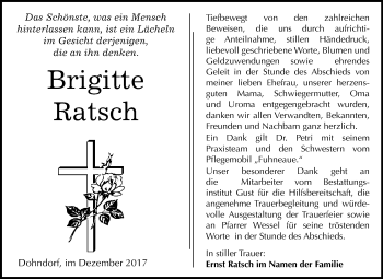 Traueranzeige von Brigitte Ratsch von Mitteldeutsche Zeitung