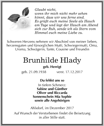 Traueranzeige von Brunhilde Hlady von Mitteldeutsche Zeitung