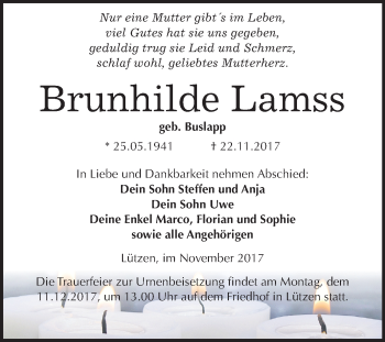 Traueranzeige von Brunhilde Lamss von Mitteldeutsche Zeitung Weißenfels