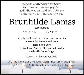 Traueranzeige von Brunhilde Lamss von WVG - Wochenspiegel NMB / WSF / ZTZ