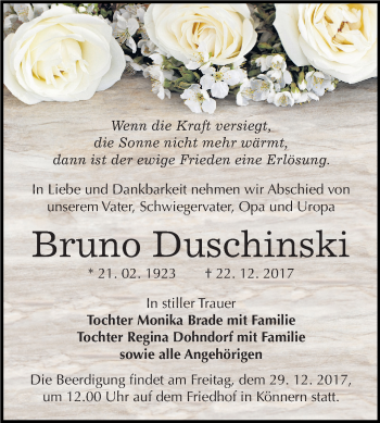 Traueranzeige von Bruno Duschinski von Mitteldeutsche Zeitung Bernburg