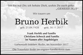 Traueranzeige von Bruno Herbik von Wochenspiegel Mansfelder Land