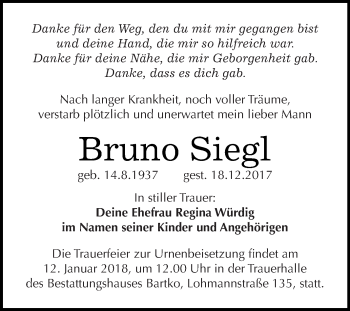 Traueranzeige von Bruno Siegl von WVG - Wochenspiegel Dessau / Köthen