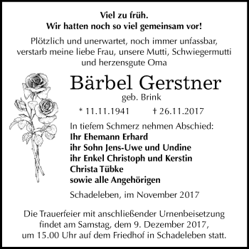 Traueranzeige von Bärbel Gerstner von Mitteldeutsche Zeitung Aschersleben