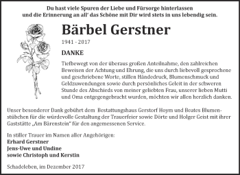 Traueranzeige von Bärbel Gerstner von Super Sonntag Aschersleben