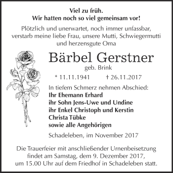 Traueranzeige von Bärbel Gerstner von Super Sonntag Aschersleben