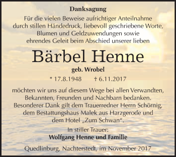 Traueranzeige von Bärbel Henne von WVG - Wochenspiegel Quedlinburg