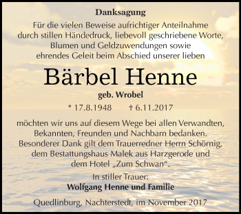Traueranzeige von Bärbel Henne von Super Sonntag Aschersleben