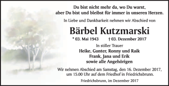 Traueranzeige von Bärbel Kutzmarski von WVG - Wochenspiegel Quedlinburg