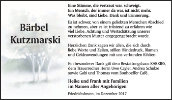 Traueranzeige von Bärbel Kutzmarski von WVG - Wochenspiegel Quedlinburg
