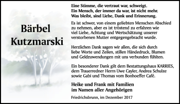 Traueranzeige von Bärbel Kutzmarski von Mitteldeutsche Zeitung Quedlinburg