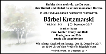 Traueranzeige von Bärbel Kutzmarski von Mitteldeutsche Zeitung Quedlinburg