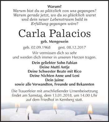 Traueranzeige von Carla Palacios von WVG - Wochenspiegel Wittenberg