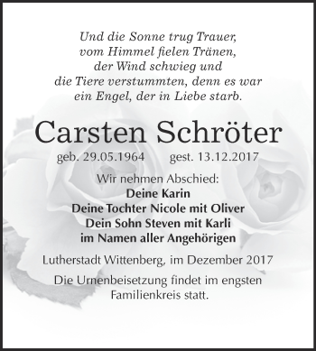 Traueranzeige von Carsten Schröter von Super Sonntag Wittenberg